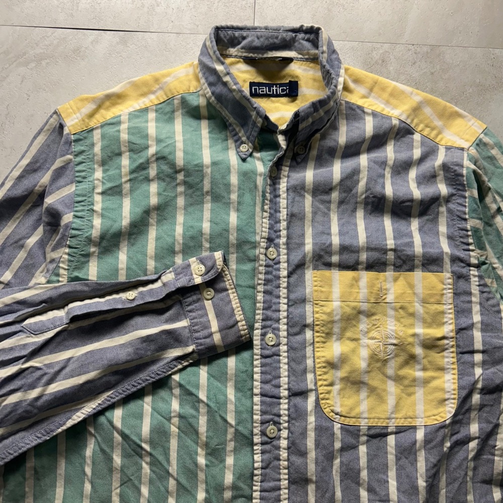 Nautica Button Down Shirt Mens Medium Colorblock Striped Vintage Cotton 90s